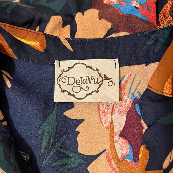 New Navy Tan Orange Bell Sleeve Ruffle Empire Waist Floral Dress Flower Retro - Picture 4 of 6